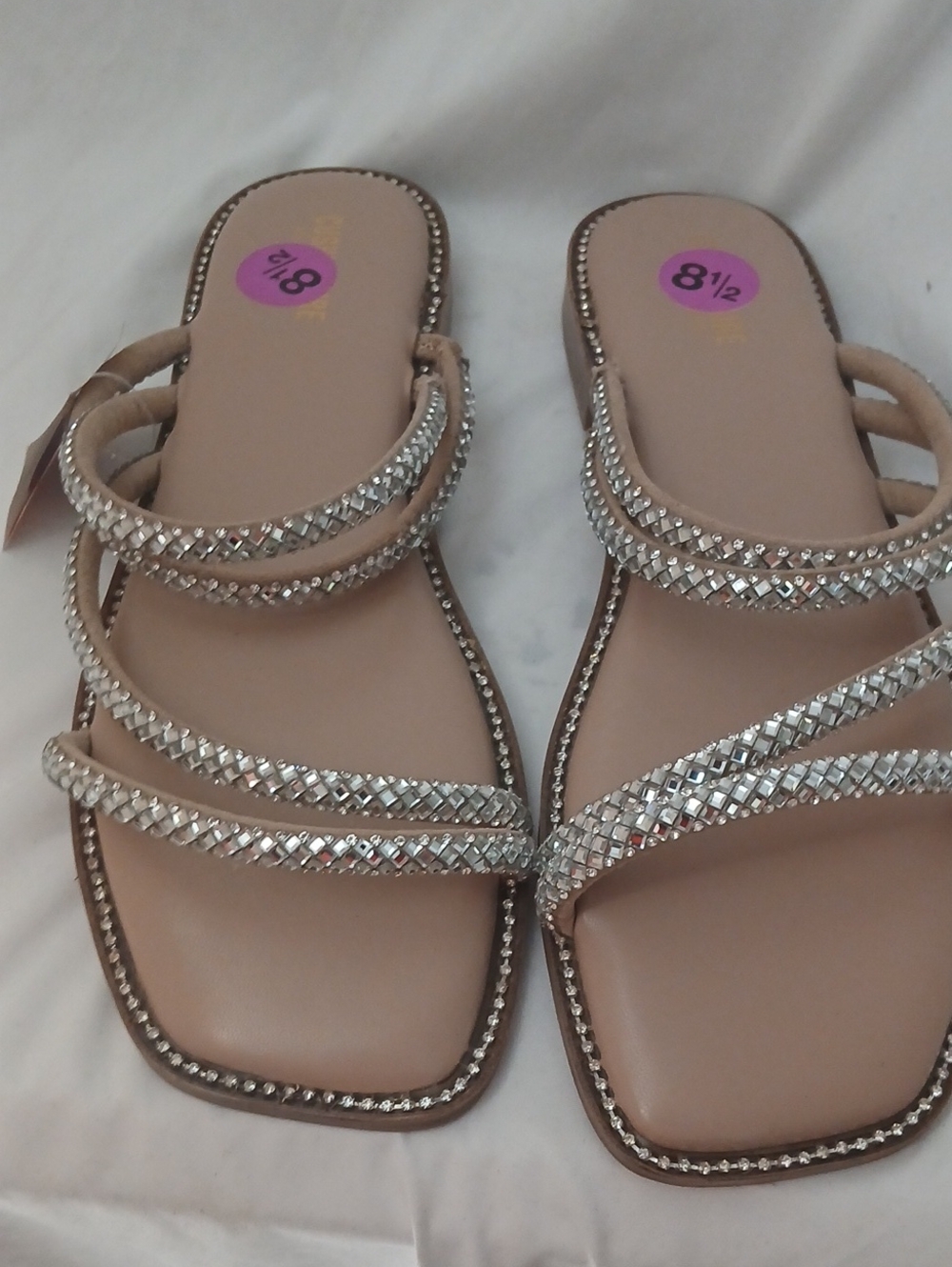 Rhinestone Blush-Tan Strappy Slide Sandals - Women